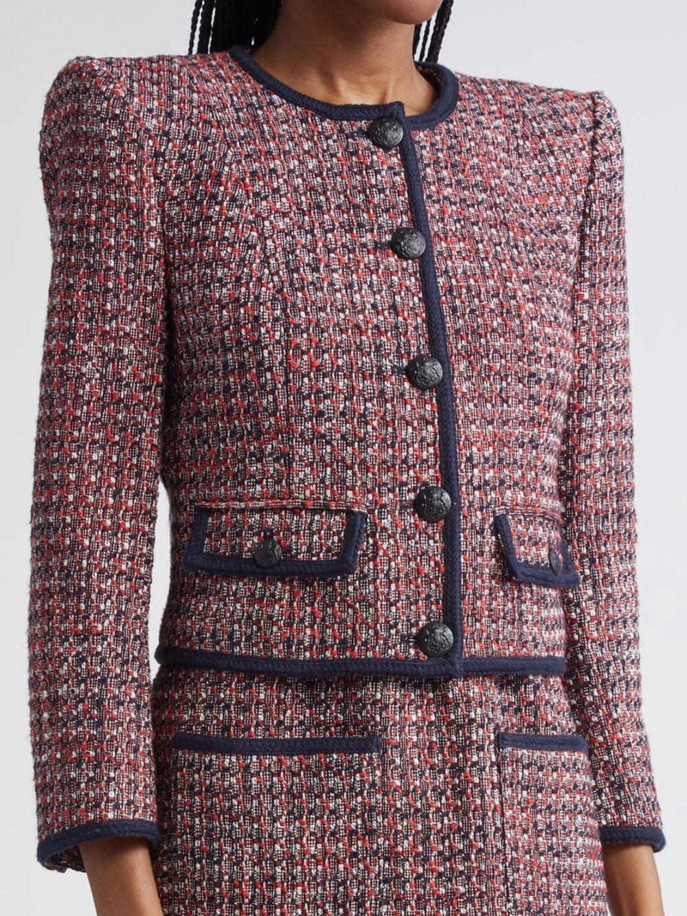Veronica Beard Red, Navy & White Tweed Cropped Blazer